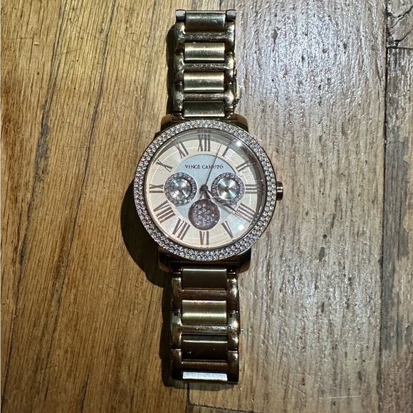 ROSE GOLD PAVE BEZEL TRIPLE SUBDIAL WATCH IN GOLD STAINLESS STEEL - Picture 5 of 9